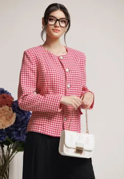 Sacou office din tweed fucsia cu imprimeu pepit imagine