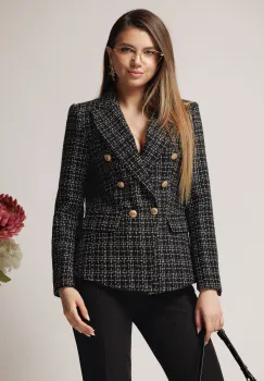 Sacou office din tweed negru cu carouri si fir lurex imagine