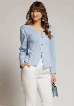 Sacou scurt bleu cambrat din jerse si inchidere cu nasturi imagine