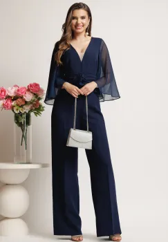 Salopeta DY Fashion bleumarin cu pantaloni evazati si floare in talie imagine
