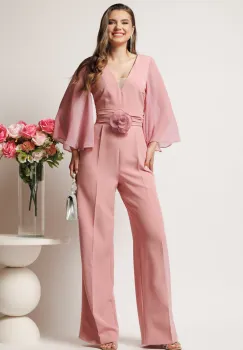 Salopeta DY Fashion roz cu pantaloni evazati si floare in talie imagine