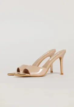 Sandale nude de tip mule cu varful metalic auriu imagine