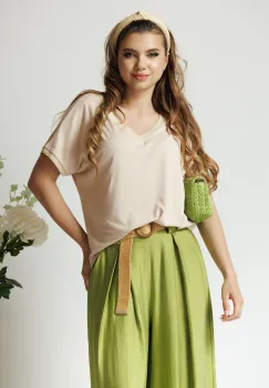 Tricou casual din viscoza bej cu fir lurex la decolteu si maneci imagine