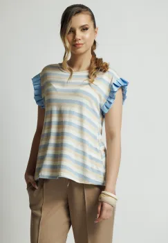 Tricou casual din viscoza bleu cu dungi bej si volanase la maneci imagine