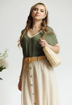 Tricou casual din viscoza kaki cu fir lurex la decolteu si maneci imagine
