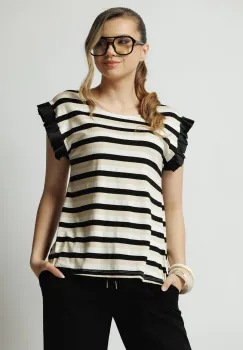 Tricou casual din viscoza negru cu dungi bej si volanase la maneci imagine