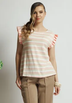 Tricou casual din viscoza roz cu dungi bej si volanase la maneci imagine