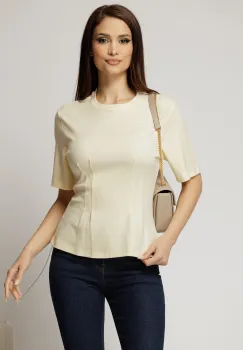 Tricou casual galben pal din bumbac cu maneci scurte si pense de cambraj imagine