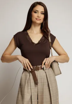 Tricou maro din viscoza cu decolteu in V si dantela imagine