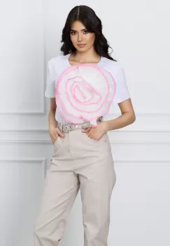 Tricou Ramona alb cu floare maxi roz imagine