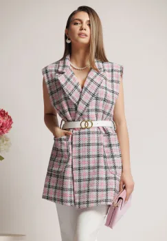 Vesta office din tweed cu carouri roz si curea in talie imagine