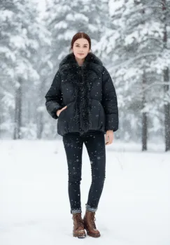 Geaca neagra matlasata din fas cu blana imagine