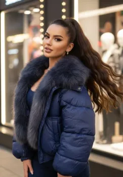 Geaca scurta neagra cu blana ecologica bleumarin imagine