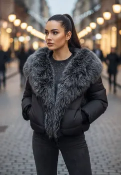 Geaca scurta neagra cu blana ecologica gri imagine