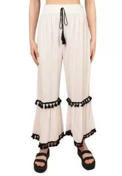 Pantaloni albi cu ciucuri negri imagine