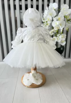 Rochita fetite cu tulle cu balerini si turban - alb imagine