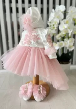 Rochita fetite cu tulle cu balerini si turban - roz imagine