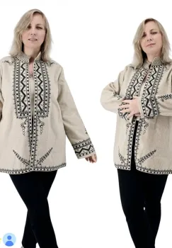 Sacou Traditional Crem cu broderie neagra - Unisex imagine