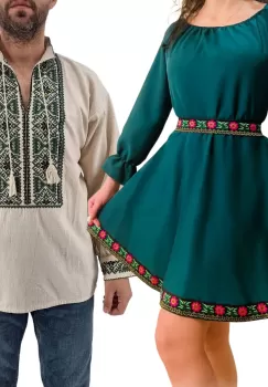 Set Cuplu 434 Camasa Traditionala si Rochie Stilizata cu motive traditionale imagine