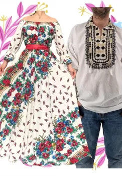 Set Cuplu 466 Camasa Traditionala si Rochie Stilizata cu motive traditionale imagine
