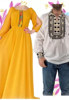 Set Cuplu 467 Camasa Traditionala si Rochie Stilizata cu motive traditionale imagine