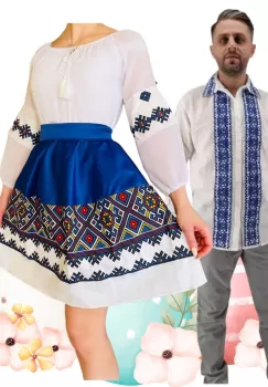 Set Cuplu 468 Camasa Traditionala si Rochie Stilizata cu motive traditionale imagine