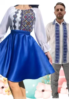 Set Cuplu 469 Camasa Traditionala si Rochie Stilizata cu motive traditionale imagine