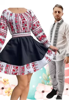 Set Cuplu 471 Camasa Traditionala si Rochie Stilizata cu motive traditionale imagine