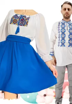 Set Cuplu 477 Camasa Traditionala si Rochie Stilizata cu motive traditionale imagine