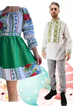 Set Cuplu 491 Camasa Traditionala si Rochie Stilizata cu motive traditionale imagine