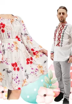 Set Cuplu 493 Camasa Traditionala si Rochie Stilizata cu motive traditionale imagine