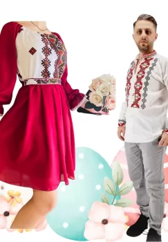 Set Cuplu 495 Camasa Traditionala si Rochie Stilizata cu motive traditionale imagine