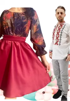 Set Cuplu 498 Camasa Traditionala si Rochie Stilizata cu motive florale imagine