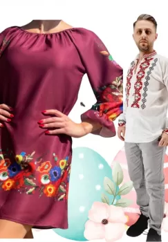 Set Cuplu 499 Camasa Traditionala si Rochie Stilizata cu motive florale imagine