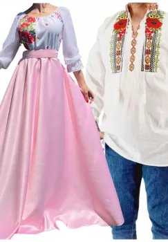 Set Cuplu 541 Camasa Traditionala si Rochie Stilizata cu motive traditionale imagine