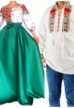 Set Cuplu 542 Camasa Traditionala si Rochie Stilizata cu motive traditionale imagine