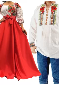 Set Cuplu 547 Camasa Traditionala si Rochie Stilizata cu motive traditionale imagine