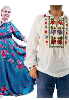Set Cuplu 557 Camasa Traditionala si Rochie Stilizata cu motive traditionale imagine