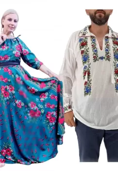 Set Cuplu 558 Camasa Traditionala si Rochie Stilizata cu motive traditionale imagine