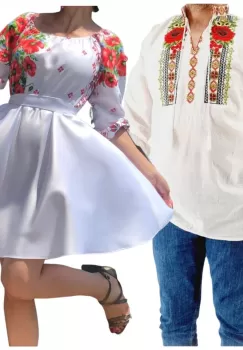 Set Cuplu 563 Camasa Traditionala si Rochie Stilizata cu motive traditionale imagine