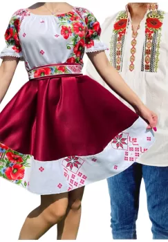 Set Cuplu 564 Camasa Traditionala si Rochie Stilizata cu motive traditionale imagine