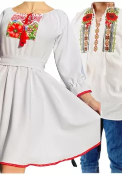 Set Cuplu 566 Camasa Traditionala si Rochie Stilizata cu motive traditionale imagine