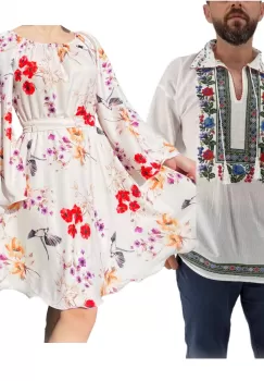 Set Cuplu 581 Camasa Traditionala si Rochie Stilizata cu motive traditionale imagine
