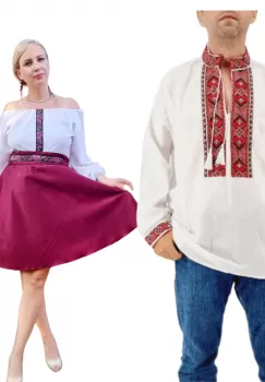 Set Cuplu 582 Camasa Traditionala si Rochie Stilizata cu motive traditionale imagine