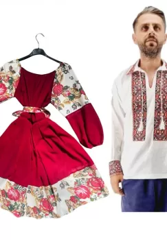 Set Cuplu 583 Camasa Traditionala si Rochie Stilizata cu motive traditionale imagine