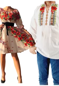 Set Cuplu 584 Camasa Traditionala si Rochie Stilizata cu motive traditionale imagine