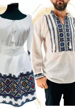 Set Cuplu 604 Camasa Traditionala si Rochie Stilizata cu motive traditionale imagine