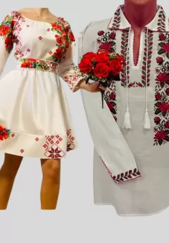 Set Cuplu 614 Camasa Traditionala si Rochie Stilizata cu motive traditionale imagine