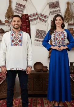 Set Cuplu 643   Camasa Traditionala si Rochie Stilizata cu motive traditionale imagine