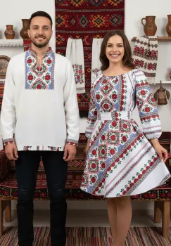 Set Cuplu 645   Camasa Traditionala si Rochie Stilizata cu motive traditionale imagine